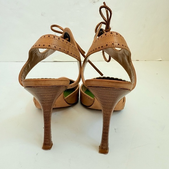 Manolo Blahnik retro Camel Brown leather Ankle tie pumps perforated toe EU 36.5 - Picture 5 of 9